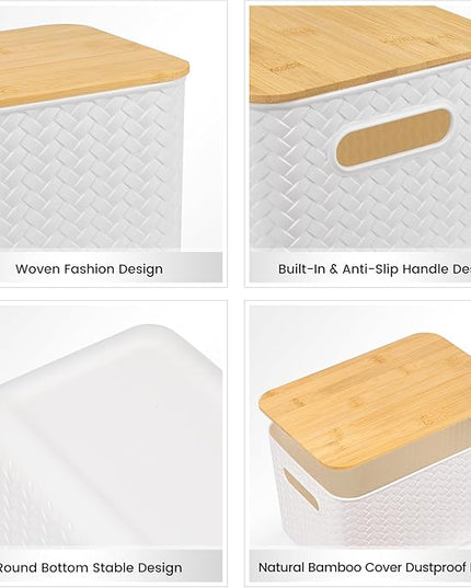 4 Packs Storage Bins with Bamboo Lids - Plastic Storage Containers with Lids Stackable Storage Box：Storages Baskets for Organizing Desktop Closet Playroom Classroom Office,White