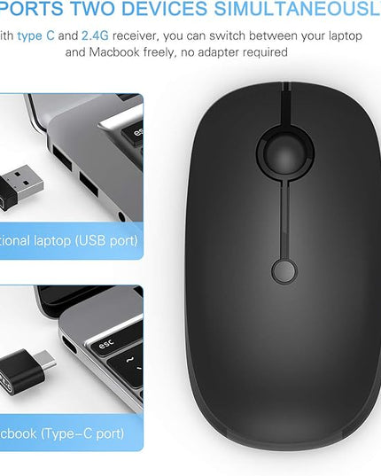 Type C Wireless Mouse，Vssoplor USB C Rechargeable Portable Quiet Laptop Mouse USB and Type C Receiver Dual Mode Mice for PC, Laptop, MacBook, Tablet-Black