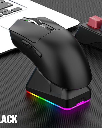Lightweight Gaming Mouse, RGB Light 3 Mode Connection with 6 Adjustable DPI 800 12000, 7 Customizable Buttons, with Magnetic Charging Base (Black)