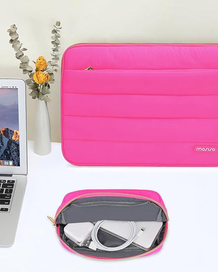 MOSISO 15-15.6 inch Laptop Case, 16 inch Puffy Laptop Sleeve Compatible with MacBook Pro 16, HP Dell ASUS Acer Toshiba Lenovo Notebook Computer, Polyester Horizontal Bag with Small Case, Rose Red