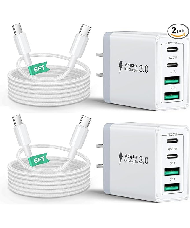 40W USB C Charger Block, 2Pack 4-Ports Type C Fast Phone Charging Cube with 6FT USBC to USBC Cord, Multiport Wall Plug Power Brick Box Compatible with iPhone, Samsung, iPad Pro, Cellphones Charger