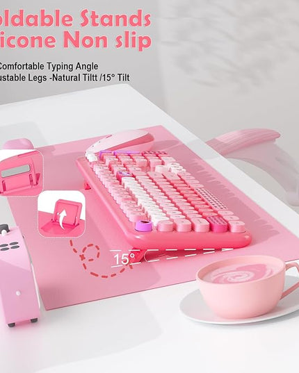 Wireless Keyboard and Mouse,MOFII 104 Round Keys Lovely Full-Size Cute Colorful Keyboard and Mouse with Retro Typewriter for PC/Mac/Laptop/Tablet/Computer/Windows Pink