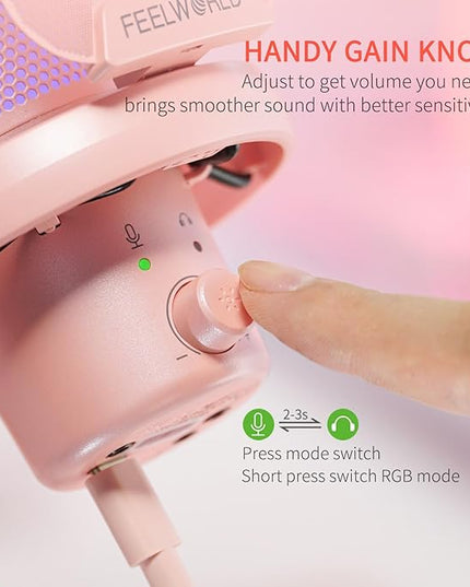 FEELWORLD VM1 Pink Gaming PC USB Microphone Condenser Mic with Noise Cancellation Mute RGB Light, Computer Accessories Gifts for Gamer YouTube Twitch Podcast Streaming Recording Online Chat PS4 PS5