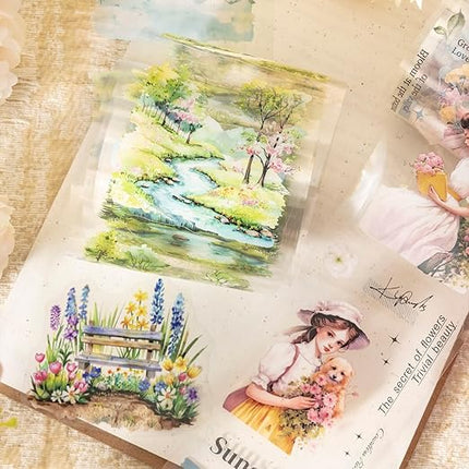 AuriicLeaf Garden and Girl PET Tape Set, 4 Rolls Pre-Cut Adhesive Tapes for Scrapbooking, Journaling, DIY Crafts, and Art Supplies