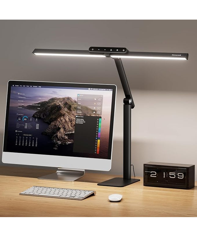 Honeywell LED Desk Lamp with Base - HJ1BK Sunturalux Eye-Caring Architect Desk Lamp for Home Office, 1200LM Computer Desk Light 4 Color Modes Stepless Dimming Task Desk Light with Timer Function Black