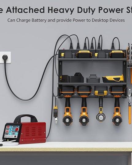 CCCEI Modular Power Tool Organizer Wall Mount with Charging Station. Garage Drill Storage Shelf with Hooks, Heavy Duty Rack, Tool Battery Holder Built in 8 Outlet. Gift for Men. Black, 2 Pack.