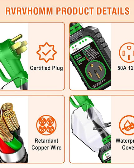 18000J RV Surge Protector 50 Amp Flag Design - Upgraded Power Surges Voltage Protection Circuit Analyzer IP68 Waterproof Cover for 50A RVS Camper Trailer Must Haves (50Amp, Green)