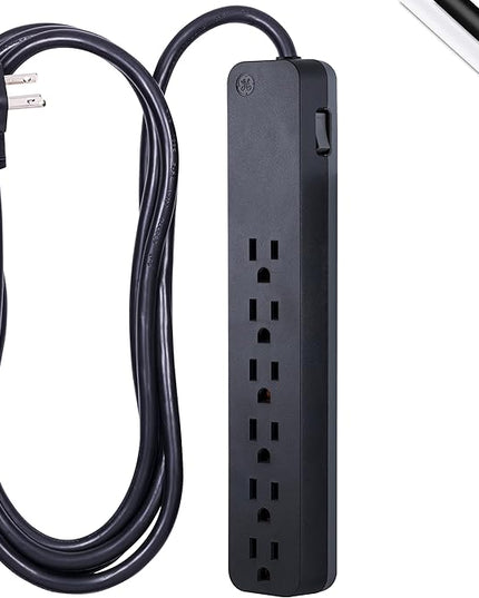 GE Pro 6-Outlet Surge Protector, 8 Ft Extension Cord, 1560 Joules, Power Strip, Flat Plug, Integrated Circuit Breaker, Wall Mount, UL Listed, Black, 37052