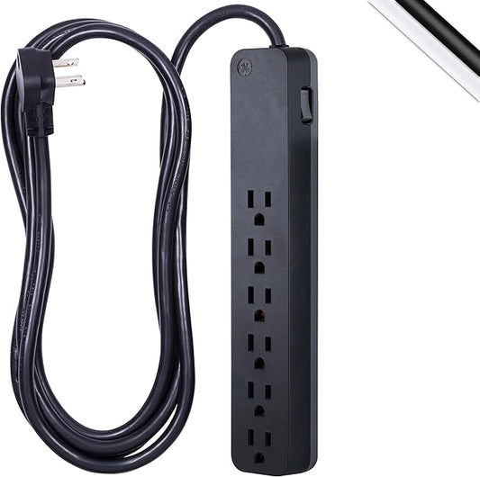 GE Pro 6-Outlet Surge Protector, 8 Ft Extension Cord, 1560 Joules, Power Strip, Flat Plug, Integrated Circuit Breaker, Wall Mount, UL Listed, Black, 37052