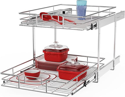 ROOMTEC Individual Pull Out Cabinet Organizer (17" W x 21" D), 2 Tier Spice Rack Organizer for Cabinet, Slide Out Drawer Pantry Shelf Organization and Storage for Kitchen Bathroom