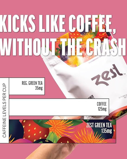 Zest Energy Green Tea - Superberry Samba - High Caffeine Strawberry, Acai, & Passion Fruit Tea - Caffeinated Coffee Altnernative with Antioxidants - Natural, Non-GMO & Keto - 20Ct Pack - 135mg Caf