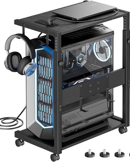JANE EYRE Computer Tower Stand - Adjustable PC Tower Stand CPU Holder Cart with Charging Station for Office Home Classroom,23.03"-28.3" H, black