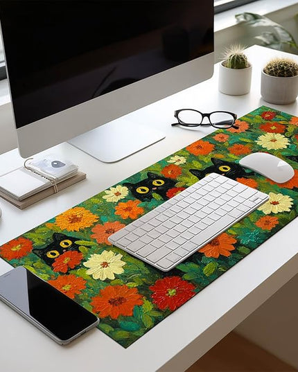 Mouse Pad Gaming Mousepad 31.5 x 11.8 Inch Large Keyboard Desktop Mat Diatomite XL Mouse Pad for Home and Office Desk Accessories with Colorful Floral Garden Cat Artwork