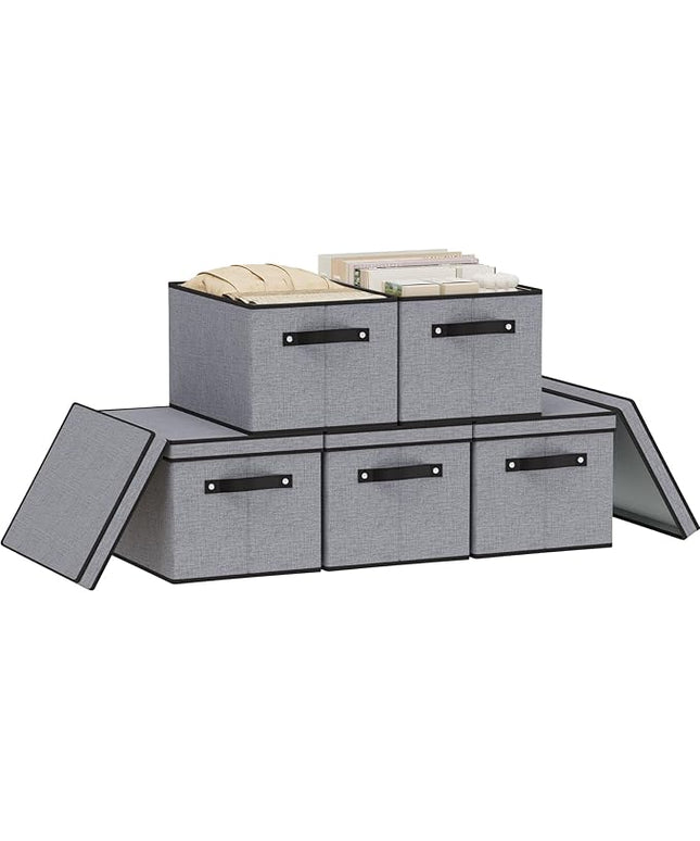 Storage Bins with Lids and Handles, Storage Boxes for Organizing Shelves, Decorative Linen Closet Organizers, Gray, 16.5 x 11.8 x 10.2 Inch, 5-Pack