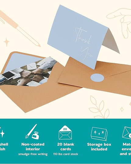 VNS Creations 20 Pack Thank You Cards With Envelopes, Stickers, 4x6 Inch Blank Thank You Notes - Bulk Box Set Large Notes for Graduation, Wedding, Small Business, Baby & Bridal Shower - Light Blue
