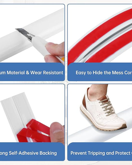 Floor Cord Cover Self Adhesive Cord Hider Floor Extension Cord Covers for Floor Power Cord Protector Cable Management Prevent Cable Trips Cable Cavity 0.51" W x 0.31" H (White, 20Ft)