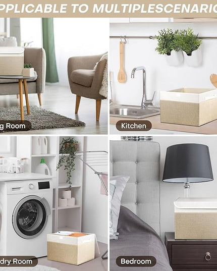 Large 22 Quart Linen Fabric Foldable Storage Bin Cube Organizer Basket with Flip-Top Lid & Handles, Clothes Blanket Box for Home, Office, Closet, Beige & White, 4 Pack 14.6 x 9.5 x 9.5”