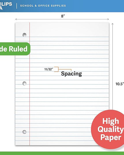 Wide Ruled Loose Leaf Paper Wide Ruled Notebook Paper Lined Writing Filler Paper 10.5” x 8” 56 gsm 1800 Sheets 150 Sheet Per Pack (12 Pack)