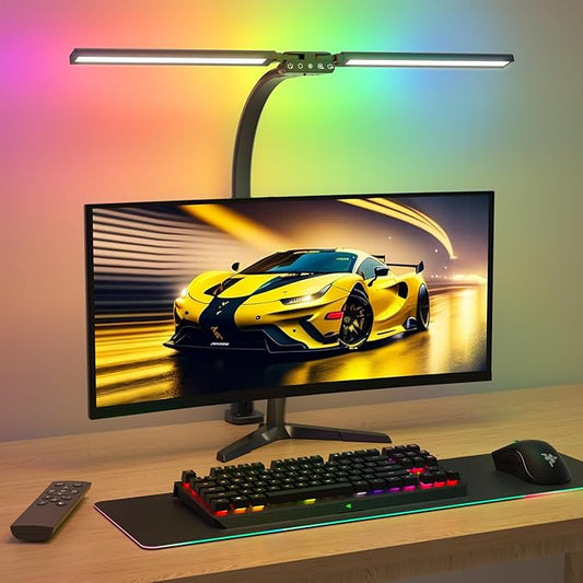 Upgraded LED Desk Lamp for Home Office with RGB, Rotatable Computer Desk Light with Remote, Tall Table Lamp with Clamp for Working, Dimmable Dual Head Task Lighting for Monitor PC, 22W