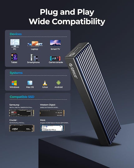 ORICO M.2 NVMe SATA SSD Enclosure, USB 3.1 Gen 2 (10 Gbps) to PCI-E 6Gbps NGFF M-Key / B+M Key SSD Case M.2 Reader Support UASP for Size 2230/2242/2260/2280 SSDs Diskless (M2PVM)