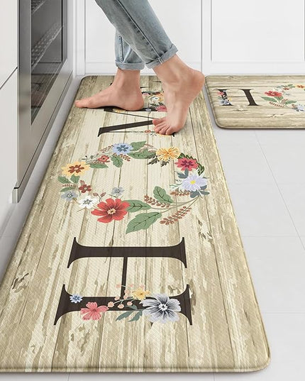 KIMODE Anti Fatigue Kitchen Mats for Floor 2 Piece,Farmhouse Floral Rugs Cushioned,Comfort Memory Foam Carpet Non Slip for Sink Laundry Office Bathroom,Beige 17"x47"+17"x29"