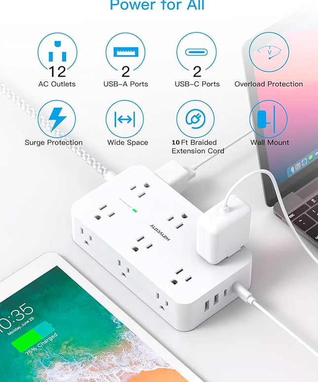 Extension Cord 10 Ft, HANYCONY Surge Protector with 12 Outlets 4 USB Ports (2USB C), Large Desk Power Strip with Long Cord, Flat Plug, Wall Mount for Office Home College Dorm Room Essentials, White