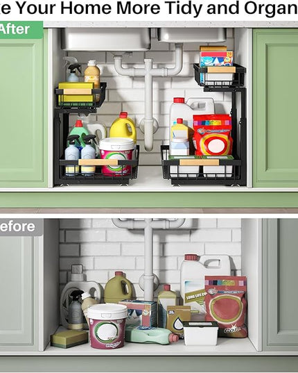 Under Sink Organizer, 2 Packs 2 Tier Under Sink Organizers and Storage, Slide out Pull out Cabinet Organizer Shelf, Metal Sliding Drawer for Kitchen Bathroom Pantry Cabinet Closet Organization Rack