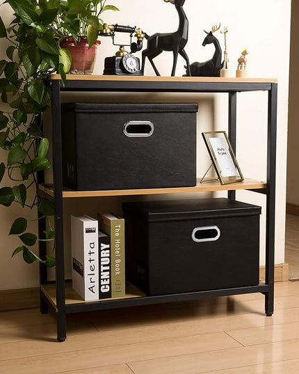 PRANDOM Large Foldable Storage Bins with Lids [3-Pack] Leather Fabric Collapsible Storage Boxes Organizer Containers Baskets Cube with Cover for Home Bedroom Closet Office Black(17.7x11.8x11.8)