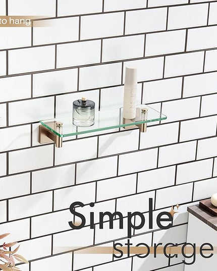 KOKOSIRI Wall Shelves Bathroom Hardware Glass Floating Shelf 12-Inch for Bedroom, Living Room, Kitchen, Hanging Rack Champagne Bronze B1105CPG-L12