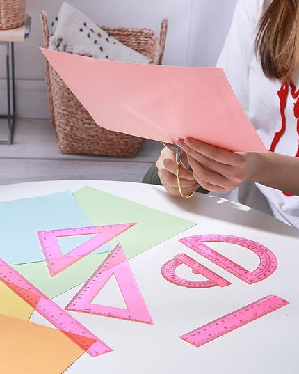 Tenare 6 Pcs Plastic Ruler Math Set Includes 12 Inch 6 Inch Straight Protractor Triangle Geometry Transparent Math Ruler Measuring Tools for School Office Home(Pink)