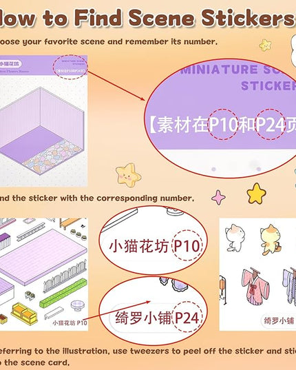 ASTARON 20 Sets DIY 3D Sticker Scene Book Sticker Therapy for Adults, Make Your Own Mini Cozy Shop House Room Stickers Cute Cartoon Miniature Stickers, Relief Stress Pass The Time