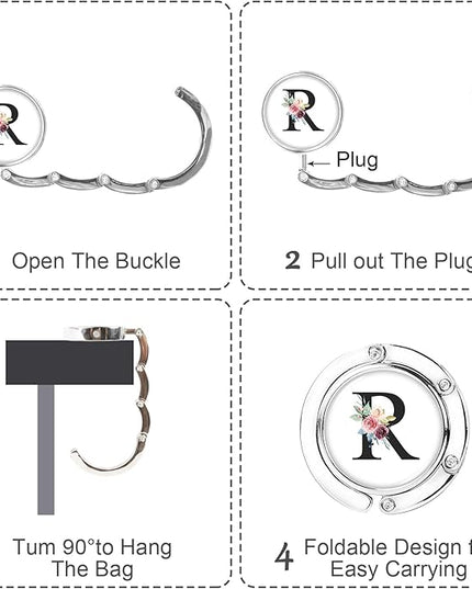 Iqimott 3pcs Personalized Initial Foldable Purse Hook for Table, Flower Letter Folding Handbag Hanger Portable Magnet Table Hook Holder, Collection Desk Purse Hooks for Women Bag (Black-R)
