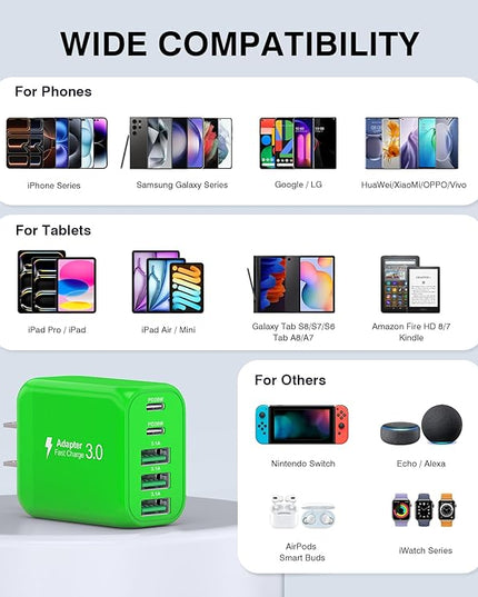 60W USB C Wall Charger Block,5-Port C Charger Fast Charging Block PD Power Adapter +QC 3.0 Multiport Type C Box Charger Cube USB A Wall Plug for iPhone 14/15/16/17 Pro Max Plus,Samsung(Green)(2-Pack)