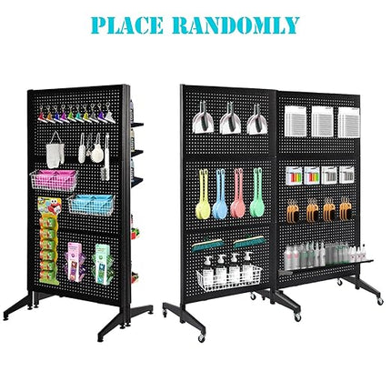 3'x 6' Pegboard Display Stand with T-Base, Metal Peg Board Display Stand with Wheel, Standing Pegboard Display with 20 Pieces Hooks, Black