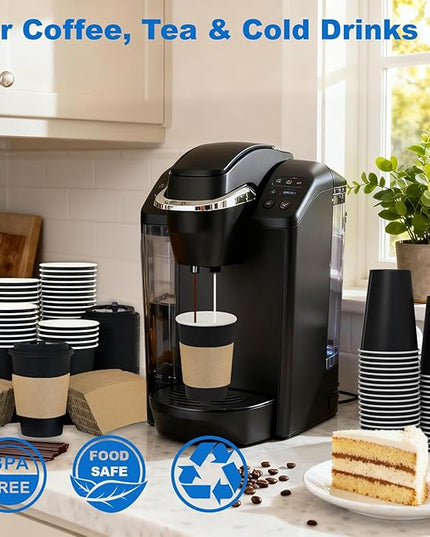 Coolcap 12 oz 100 Pack Coffee Cups with Lids and Sleeves, Straws, Hot Disposable To Go Travel Paper Cups Bulk for Office, Home Coffee Bar Accessories, Chocolate, Cocoa, Beverage (Black)
