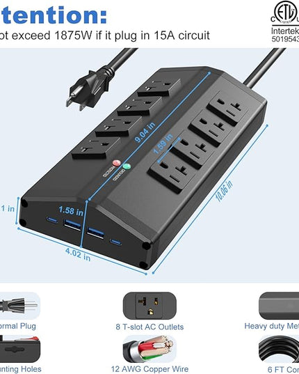 JUNNUJ Heavy Duty Power Strip with 8 Outlets and 4 USB Ports, Metal Wall Mount Surge Protector with 20 Amp 12 Gauge 6 FT Extension Cord for Garage, Industrial, Shop, ETL Listed