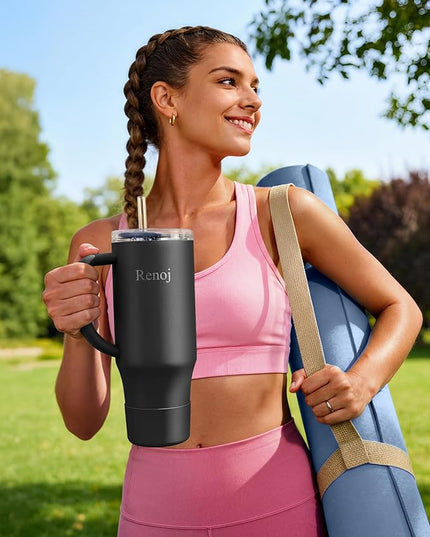 Renoj Tumbler with Handle 100% Spill Resistant Insulated Water Bottle for Iced Coffee & Hot Drinks - Fits Car Cup Holder, Ideal Gift, 2 Straws & Silicone Boot BPA-Free - FlexSlide Black 40 oz