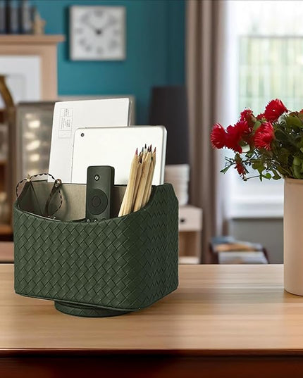UnionBasic Rotating Desk Organizer, 360 Degree Desk Spinning Caddy, Desktop TV Guide/Mail/Media/Remote Controller Holder Organizer, Woven Green