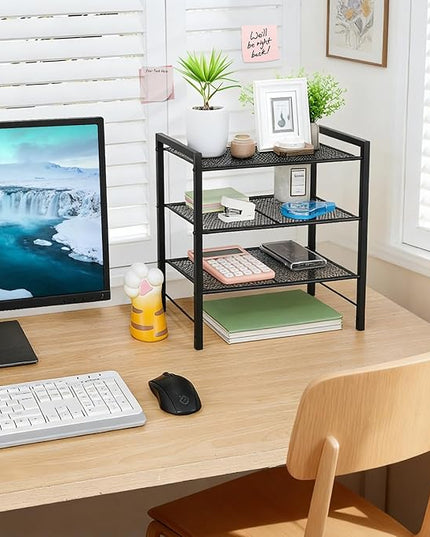Desktop Shelf Organizer, 3-Tier Office Storage Rack, Adjustable Metal Bookshelf for Top of Desk, Desk Organizer for Office, Home, Dorm and Small Spaces (Black)