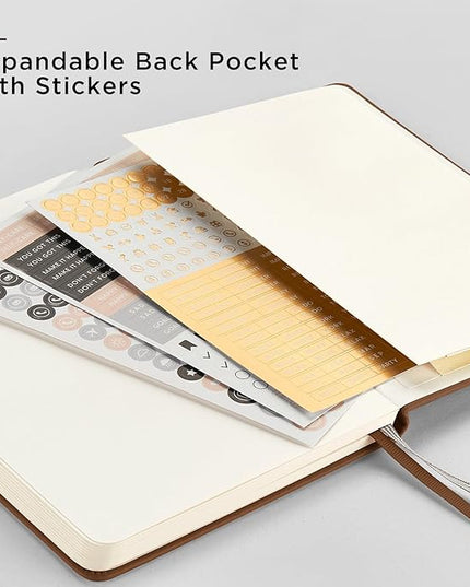 &And Per Se Dotted Journal Notebook, A5 Hardcover Leather Bullet Dotted Journal, 160 Pages 100 gsm Thick Paper, 3 Sheets of Stickers Included- 5.7'' x 8''（Chocolate）