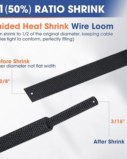 FOURUB 2:1 Heat shrinkable Braided Sleeving Fabric Wire Loom High Temp Heat Shrink Wiring Harness Abrasion Protector Cable Sleeve (3/8"-27ft)