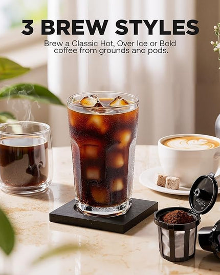 Single Serve Coffee Maker Hot and Iced with Bold Brew, Small Coffee Machine for K Cup and Ground, Fits 7.3'' Travel Mug, Brews up to 16 Oz, 5 Cup Sizes, for Office, RV& Hotel, Elegant Black