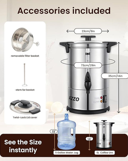 Commercial Coffee Maker 40-Cup Large Coffee Urn with Percolator Coffee Pot Electric 6L Stainless Steel Fast Brew Hot Water Dispenser for Tea Catering Events Home Office Easy Cleaning