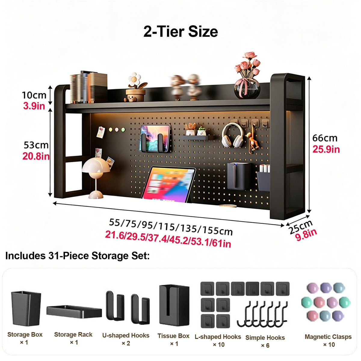 2/3/4 Tier Desktop Bookshelf with Pegboard and Storage Parts, Metal Desktop Organizer Hutch, Desk Shelves for Top of Desk, Shelf Organizer Display Rack for Dorm Home(White+Wood,2-tier L61in)