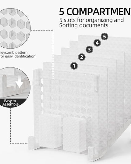File Organizer for Desk with Storage Box & Hook, Inclined Desk File Organizer with 5-Section Vertical File Holder suitable for Home Office Document Organization (Ice Crystal