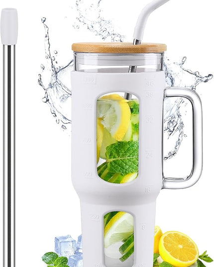 Glass Tumbler with Lid and Straw, 46 oz Iced Coffee Cup with Handle, Large Water Bottles with Silicone Sleeve, Glass Cup with Straws - Pearl Straw & Drinking Straw BPA Free-White
