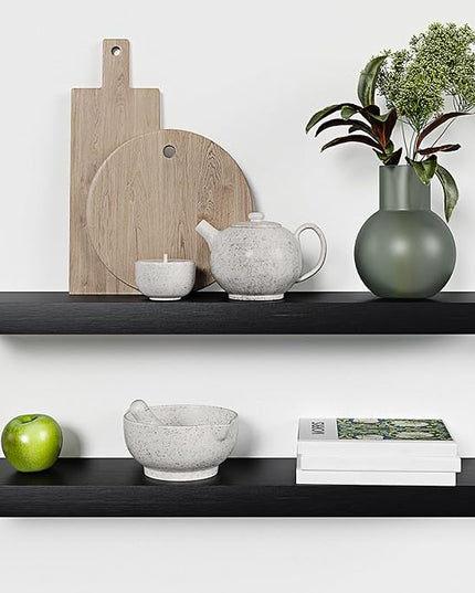 Homeforia Black Floating Shelves 30 inches Long, High End Solid Real Wood 30 inch Floating Shelf for Wall Mounted, Black Wooden 30in Floating Shelves, Heavy Duty Bracket, 30 X 6.5 X 1.75 in, Set of 3