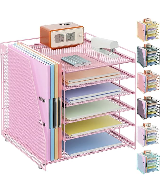 gianotter 6-Tier Paper Organizer With Magazine Holder, Desk Organizers and Accessories, Desk Accessories & Workspace Organizers, File Organizer for Office Supplies Storag (Pink, 6-Tier)