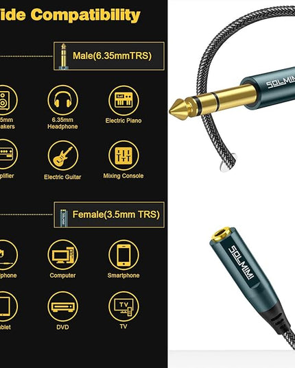 SOLMIMI 1/4 to 1/8 Headphone Adapter, 4 Feet 6.35mm Male to 3.5mm Female TRS Stereo Audio Jack Adapter Cable for Mixer Guitar Amp Piano Keyboard Amplifier Headphone Speaker (4Ft/1.2M)