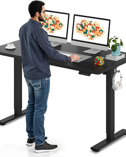 SANODESK Electric Standing Desk 55 x 28 Inches Whole-Piece Desktop Height Adjustable Stand Up Desk w/6-Button Controller Ergonomic Computer Desk for Home Office, Black Frame + Black Tabletop